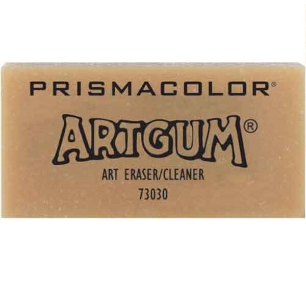 Brown block eraser with "prismacolor Artgum Art eraser/cleaner 73030" printed on side in black.