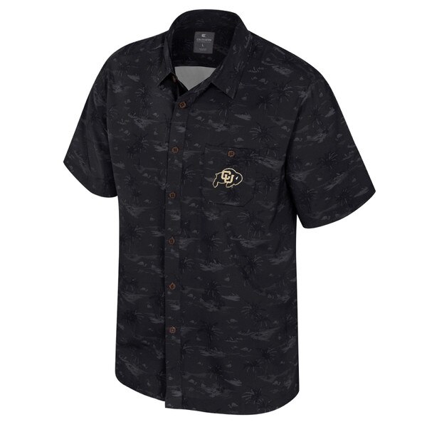 Black tonal tropical print button-down shirt with embroidered CU Buffalo logo on chest pocket, short sleeves, and a classic collared design by Colosseum.