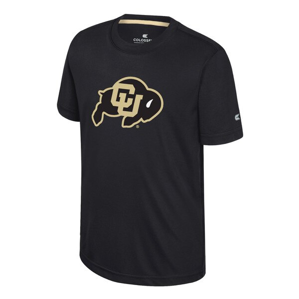 Black youth t-shirt featuring the Colorado Buffaloes logo in gold on the center chest, with a Colosseum logo on the left sleeve.