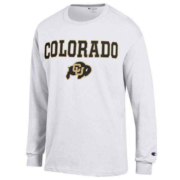 Front of white long sleeve shirt with "colorado" written in big block font in black with vegas gold outline, with the C-U Buffalo logo underneath.