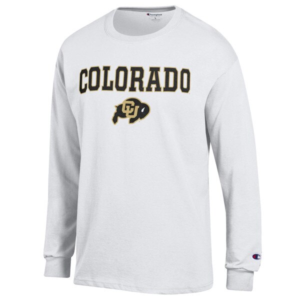 Front of white long sleeve shirt with "colorado" written in big block font in black with vegas gold outline, with the C-U Buffalo logo underneath.