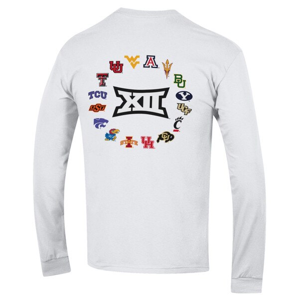 Back of white long-sleeve with the Big twelve logo in center surrounded by the logos of the teams in the Big twelve.