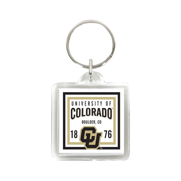 A white square Spirit Products acrylic keychain with "University of Colorado," "Boulder, CO," "1876," and interlocking C.U logo.