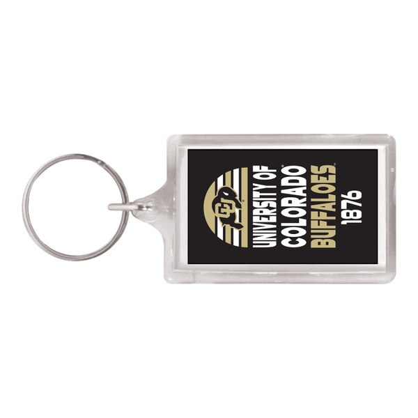 A black rectangular Spirit Products acrylic keychain with C.U buffalo logo, "University of Colorado," "Buffaloes,""1876."