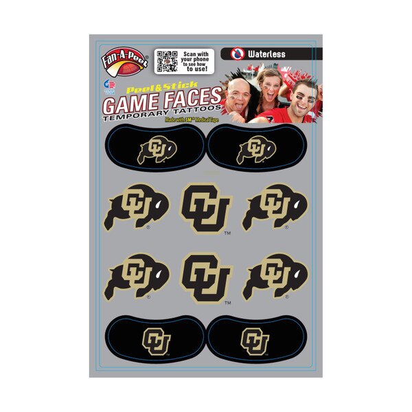 A combo pack of temporary tattoos with two eye blacks with a cu buffalo logo and six others with various cu logos.