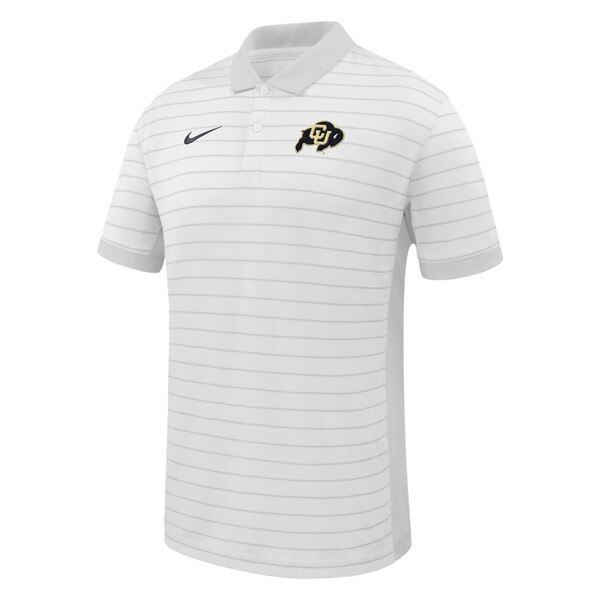 White Nike Colorado Buffaloes Dri-FIT Coaches Polo with embroidered CU Buffaloes logo and black Nike swoosh, front view