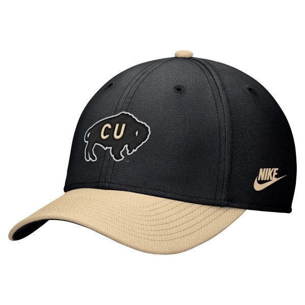 Black and tan Nike hat with embroidered CU Buffaloes logo on front and gold Nike Swoosh on side.