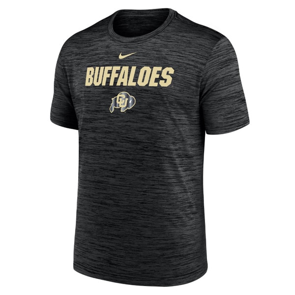A black Nike crewneck short sleeve t-shirt with bold "BUFFALOES" across chest, Nike symbol above and C.U buffalo logo underneath, and stripe-like pattern.