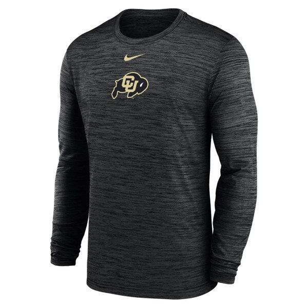 Black heathered Nike long sleeve shirt with CU Buffaloes logo and gold Swoosh.