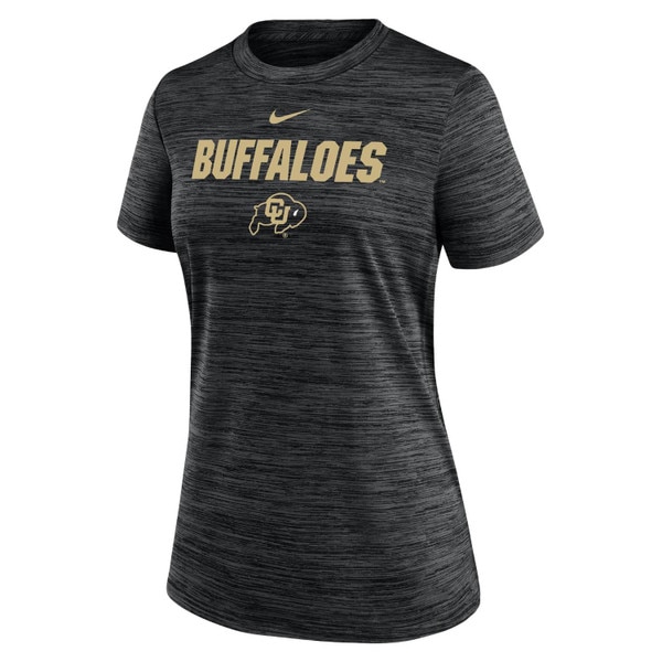 Black heathered Nike women’s T-shirt with gold “BUFFALOES” text and CU Buffaloes logo.