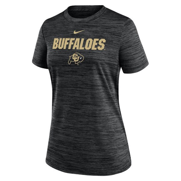 Black heathered Nike women’s T-shirt with gold “BUFFALOES” text and CU Buffaloes logo.