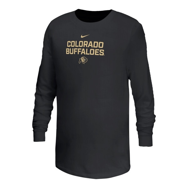 A long sleeve all black Nike crewneck shirt with 'Colorado Buffaloes' and Ralphie logo.