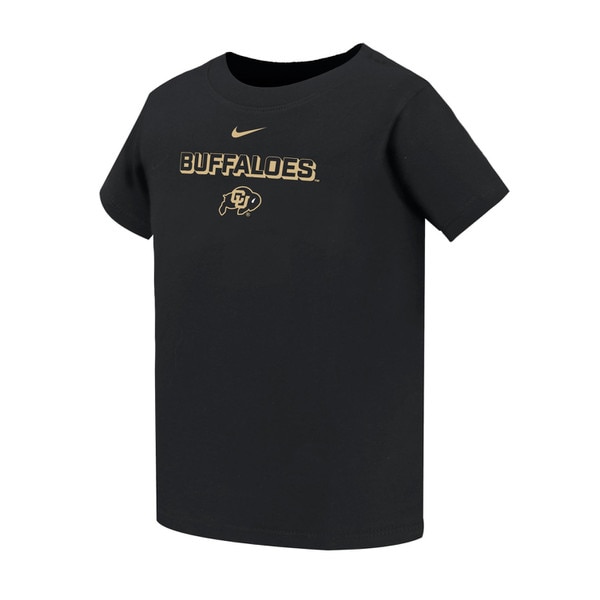 Black Nike youth T-shirt with gold “BUFFALOES” text, CU Buffaloes logo, and Nike Swoosh.