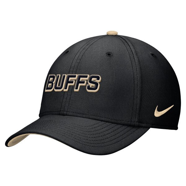 Black Nike hat with 3D “BUFFS” lettering in gold and black, gold Nike swoosh on left side, and tan accent on top button