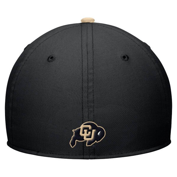 Back view of black Nike hat with CU Buffaloes logo in gold and black near bottom edge and gold top button accent