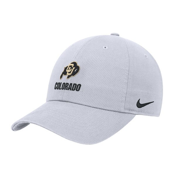 White Nike hat with CU Buffaloes logo above black “COLORADO” text and black Nike swoosh on left side