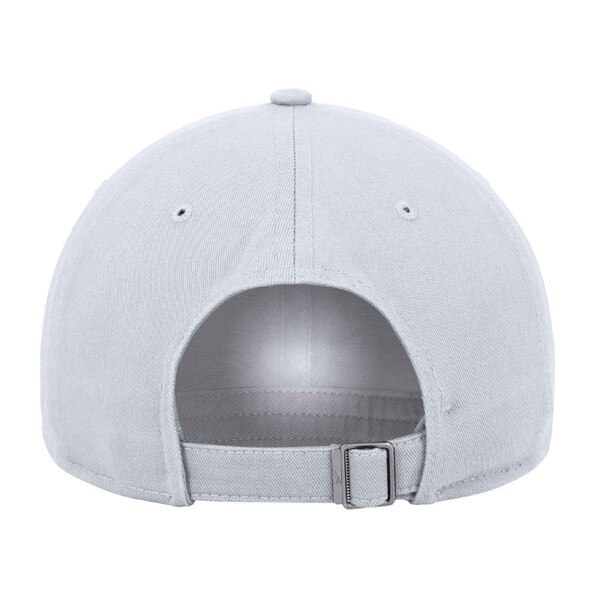 Back view of white Nike hat with adjustable strap and metal buckle closure