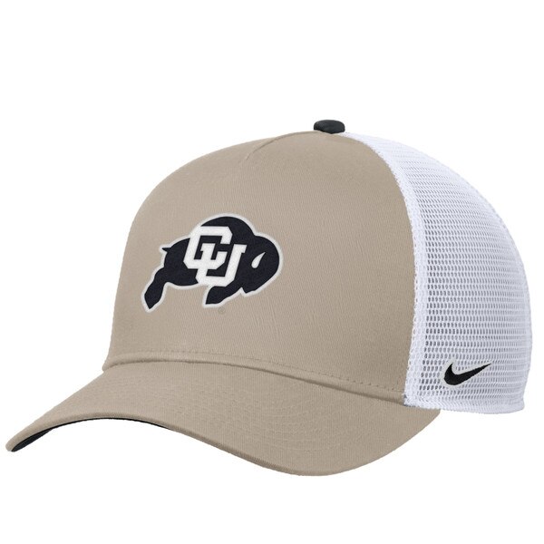 Nike hat with khaki front and white mesh back. Ralphie logo on front and Nike logo on left side.