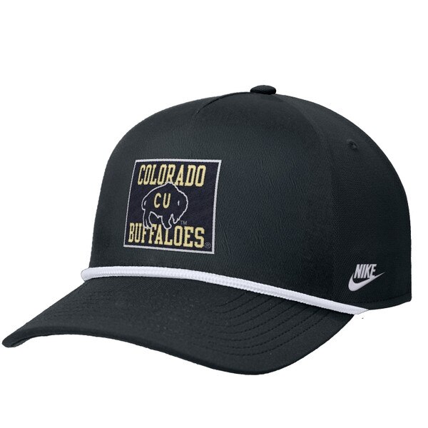 Black nike hat. Square logo in center with 'Colorado Buffaloes' and vintage Ralphie logo. White rope on brim.