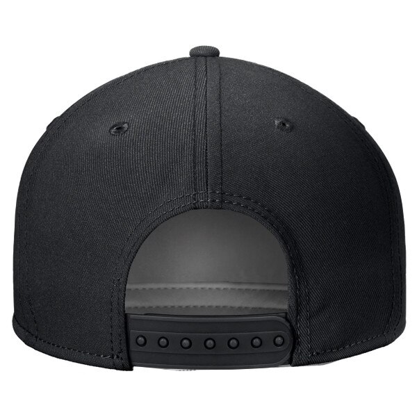 Back view of a black snapback hat with an adjustable plastic strap and stitched eyelets for ventilation.