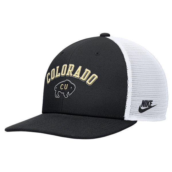 Nike hat with black front and white mesh back. 'Colorado' and vintage Ralphie logo on front. 'Nike' and Nike logo on left side.