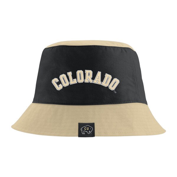 Black and tan bucket hat with arched “Colorado” text and CU Buffaloes logo tag on brim.