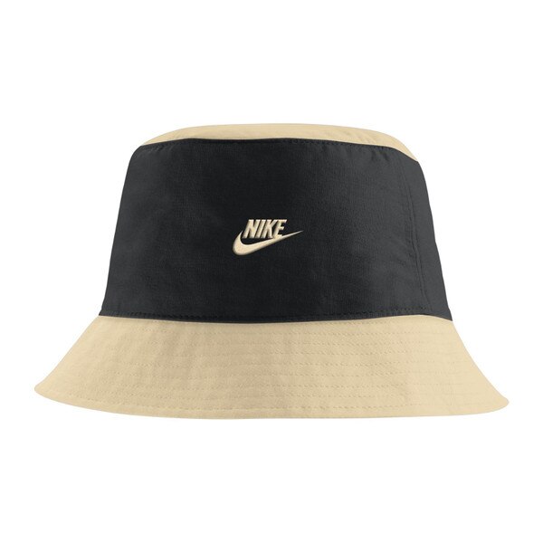 Black and tan bucket hat with gold Nike logo on front panel.