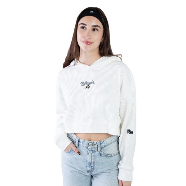 Woman wearing a white cropped hoodie with ridged texture, featuring Colorado cursive lettering and the CU Buffalo logo on the front.
