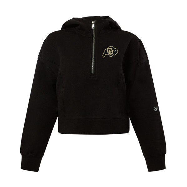 Black cropped half-zip hoodie featuring the CU Buffalo logo on the chest, hood with drawstrings, and Hype and Vice logo on the sleeve.