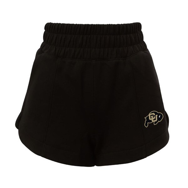 Black Hype and Vice women's sport shorts with CU Buffalo logo on the lower left leg and a high-rise elastic waistband.