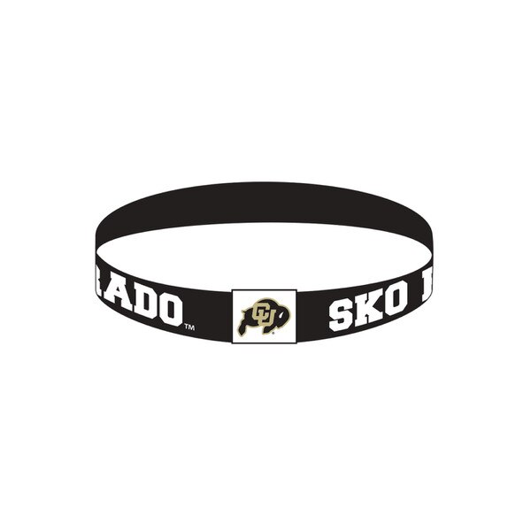 This is a black wristband with white block text. The buffalo patch is white with a black and gold CU buffalo logo on it. The patch is in between "Colorado" and "Sko Buffs"