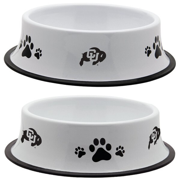 White pet bowl with CU Buffaloes logo and black paw prints, featuring a non-slip rubber base