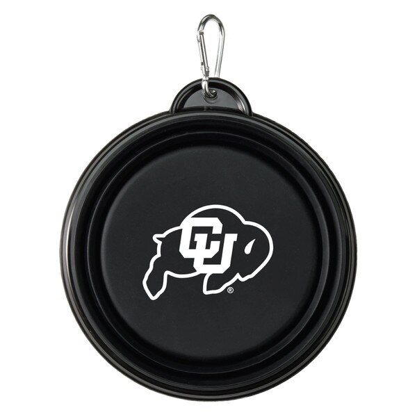 This is a black pet bowl. It is collapsible and comes with a silver carabiner. The buffalo logo is black and white.