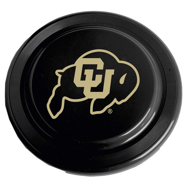 This is a black frisbee with a black and gold C.U. Buffalo logo on the front. It's a larger logo.