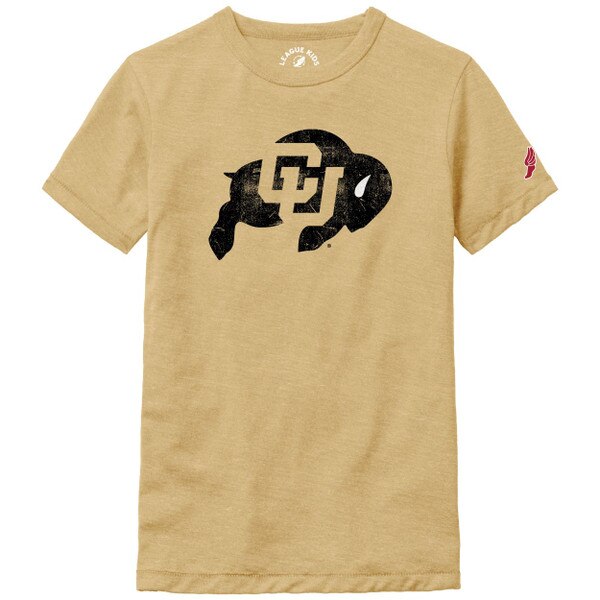 A yellow t-shirt with the CU Buffalo logo in large black print. The logo has a bit of a faded look. The League logo is also embroidered on the left shoulder.