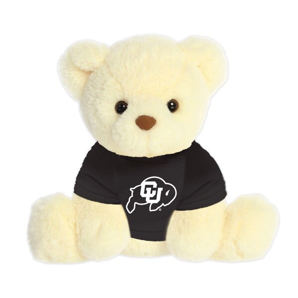 A vanilla plushy Aurora teddy bear with a black t-shirt and white C.U buffalo logo.