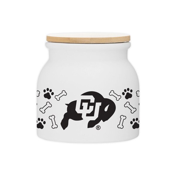 A white ceramic treat jar that has the CU Buffalo logo on the front in black, and bone and paw print designs printed, also in black. The lid is wooden.