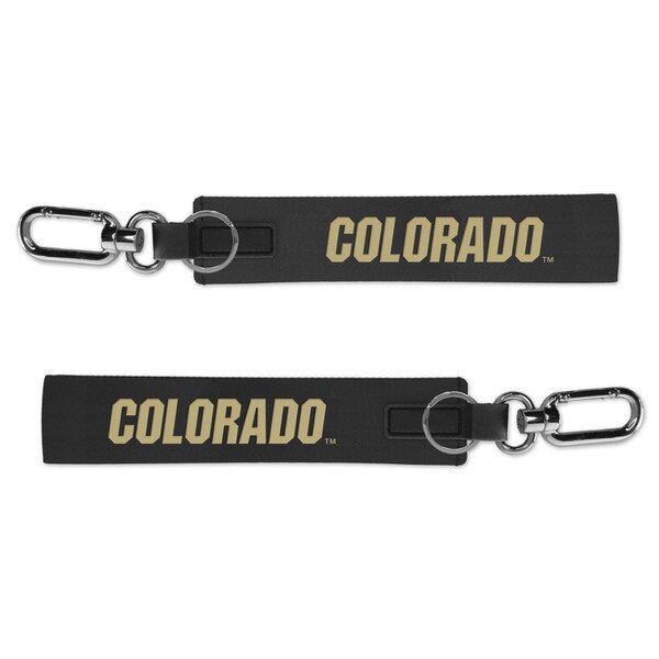 This is a black woven key strap. The Colorado text is bold and a gold color. The carabiner and keyring attachments are silver metal.