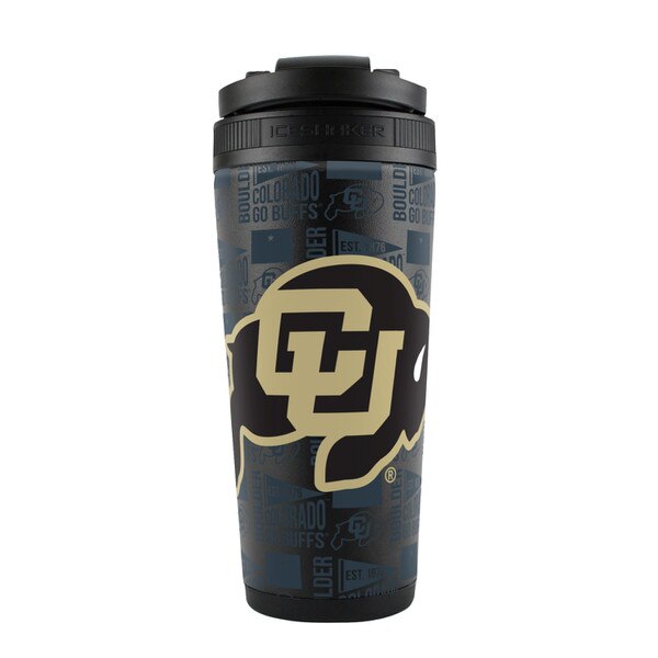 Colorado Buffaloes travel tumbler with bold logo and repeating text background