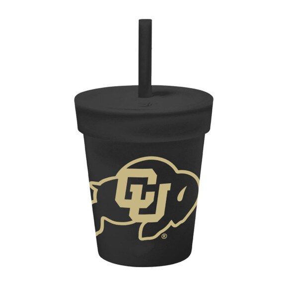 Black 8 ounce cup with lid and black straw. Cu Buffalo logo on front in gold