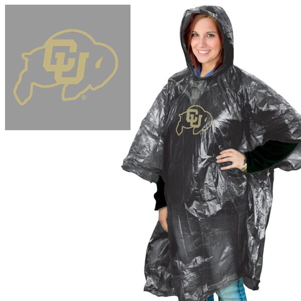 Black rain poncho with a gold Colorado Buffaloes logo on the chest, featuring a hood and wide sleeves, worn by a smiling person.