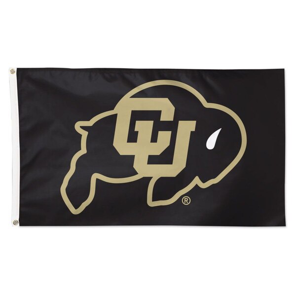This is a black flag. The C.U. Buffalo logo is black and gold. The grommets are gold in color as well.