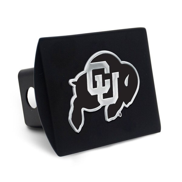 A black Wincraft metal hitch cover with large silver C.U buffalo logo.