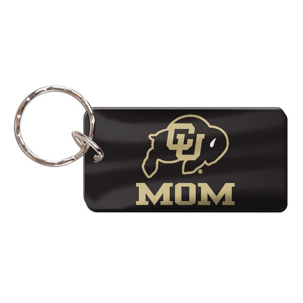 This is a black Acrylic Keychain with "Mom" underneath a black and gold C.U buffalo logo. The "Mom" text is gold. The backside is mirrored.