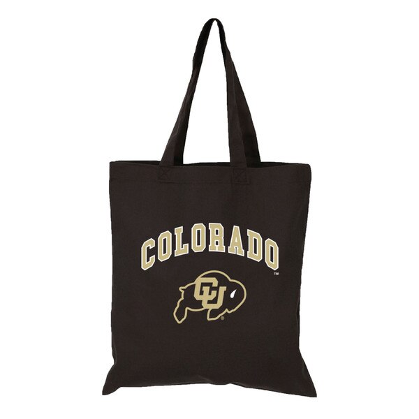 This is a black tote bag. The "Colorado" text is gold with white a white border. The C.U. buffalo logo underneath the arch text is vegas gold and black.