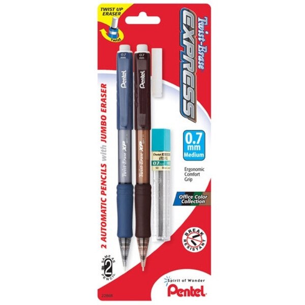 2 pack of mechanical pencils with ergonomic comfort grip and twist up erasers, compatible with 0.7 millimeter lead.