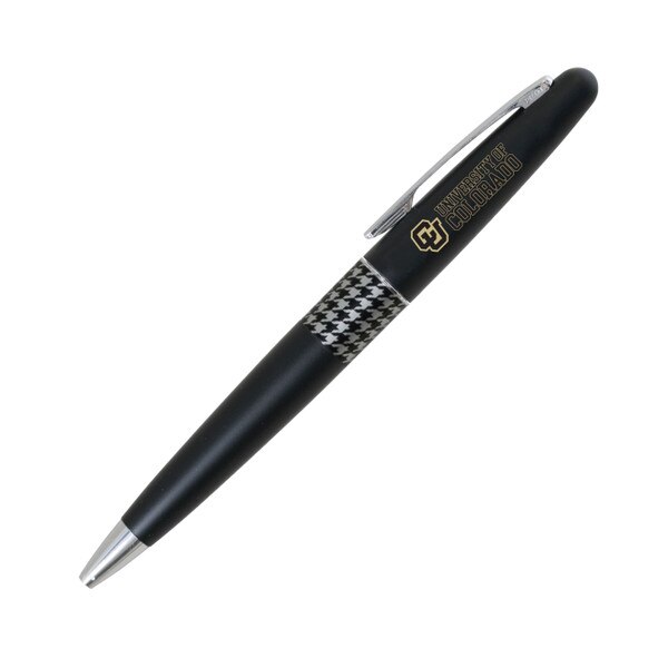 Black brass bodied pen with stainless steel accents with clip and "University of Colorado" and interlocking CU logo printed on side of pen.