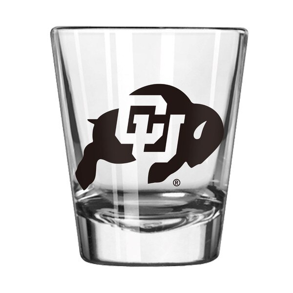 A transparent Logo Brands shot glass with black C.U. buffalo logo and "Colorado Buffaloes."