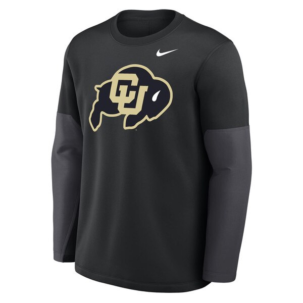 Black long sleeve performance shirt with oversized CU Buffaloes logo on chest, Nike swoosh on right shoulder, and dark grey panel sleeves.