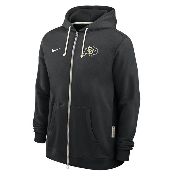 Black full-zip hoodie with CU Buffaloes logo and Nike swoosh on chest, featuring front pockets and drawstring hood.